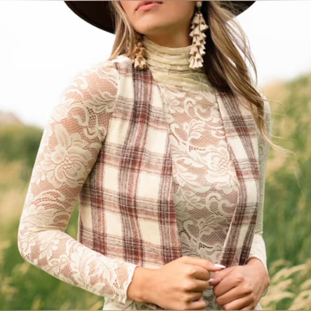 *New* Joyfolie Plaid Open Front Ecru  Vest